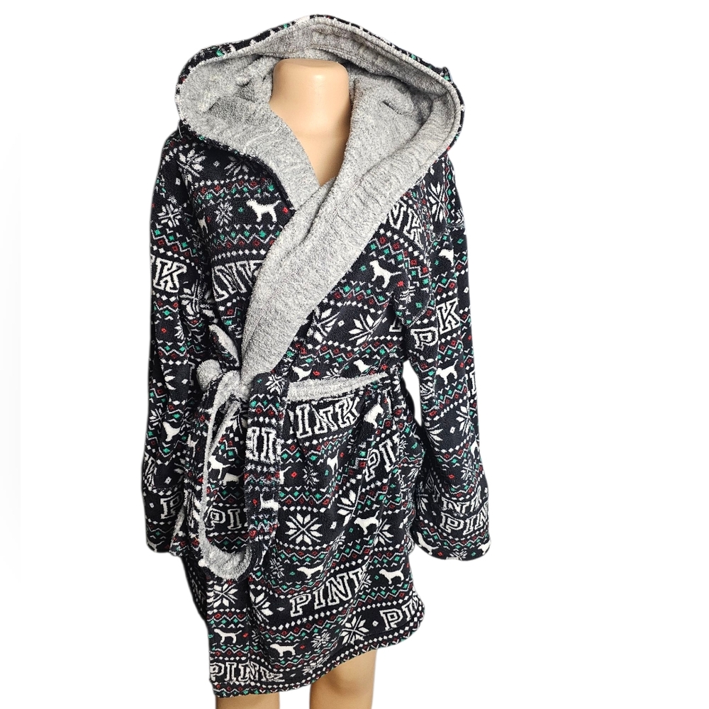 Victoria's Secret PINK Plush Cozy Fleece Robe Fair Isle Reversible EUC